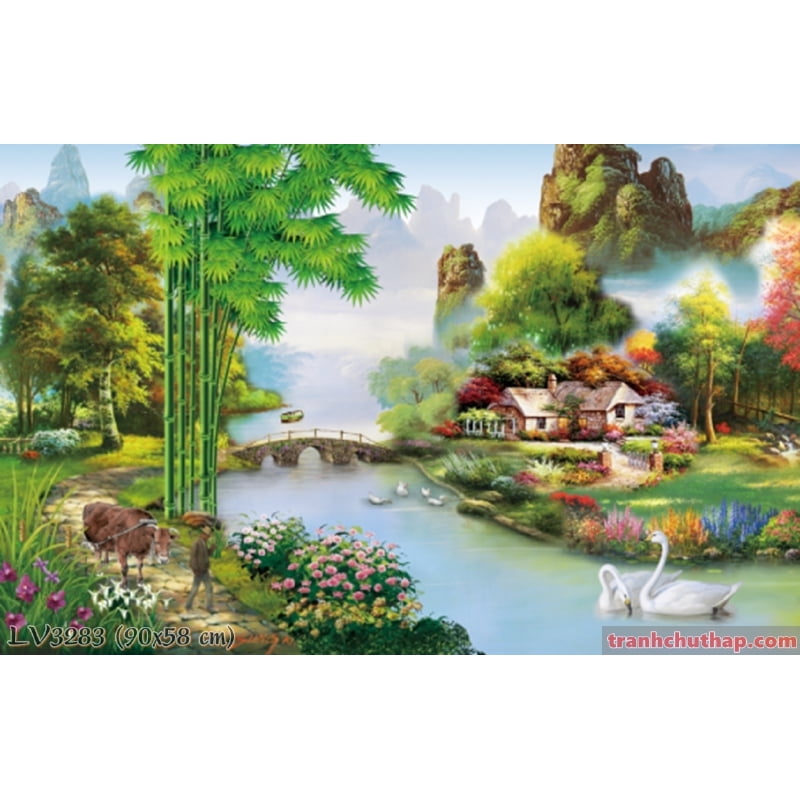 Tranh thêu chữ thập Phong cảnh làng quê ✓Ngôi nhà hạnh phúc✓ kích thước nhỏ  ✓90x58 cm -️ LV3283