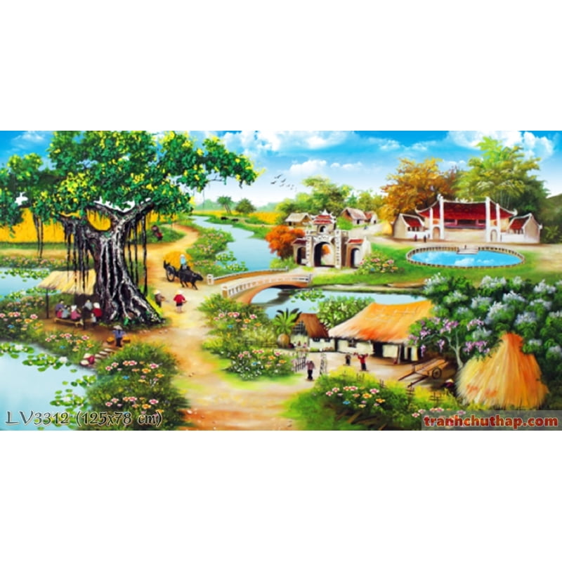 Tranh thêu chữ thập Phong cảnh làng quê ✓Đầu Làng✓ kích thước siêu lớn  ✓200x106 cm -️ LV3312