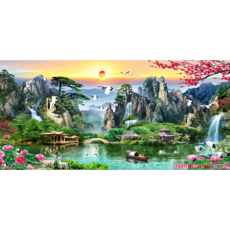 Tranh thêu chữ thập Phong cảnh ✓Lưu Thủy Sinh Tài✓ kích thước lớn ✓160x75  cm -️ LV3324